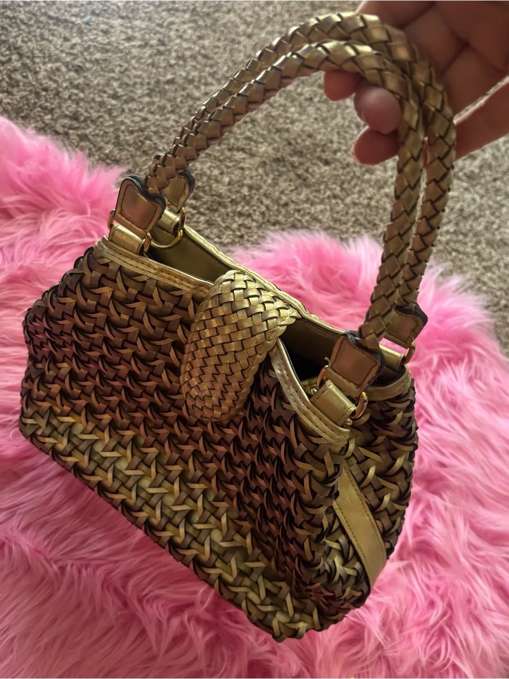 Woven Metallic Bronze Faux Leather Satchel Handbag Braided Handles Boho Chic Pur